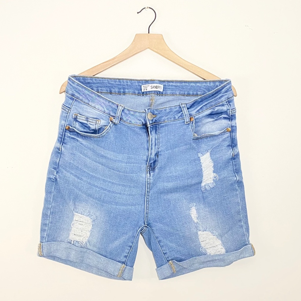 Sandpiper Mid Rise Distressed Bermuda Denim Shorts Plus Size Womens 18